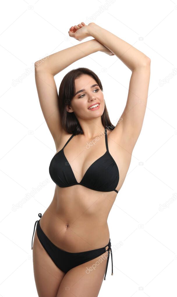 Beautiful woman in stylish bikini on white background