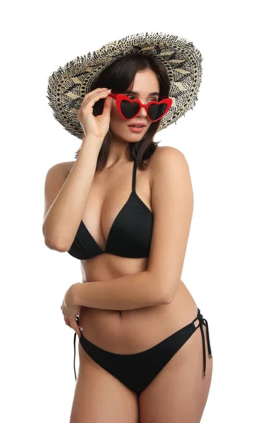 Schöne Frau Stylischen Bikini Und Sonnenbrille Auf Weißem Hintergrund — Stockfoto