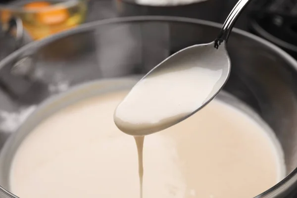 Spoon Dough Belgian Waffles Glass Bowl Closeup — Stock Photo, Image