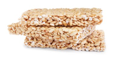 Delicious rice crispy treats on white background
