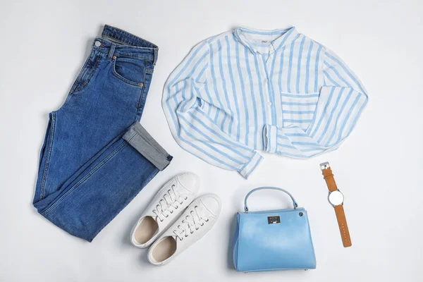 Stylish Outfit Jeans White Background Top View — 스톡 사진