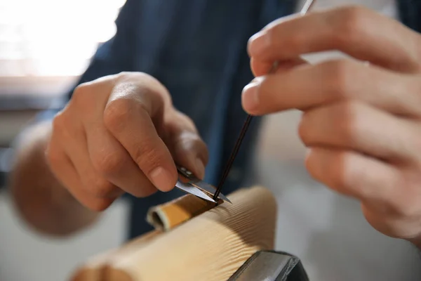 Man Sewing Piece Leather Workshop Closeup — Stock Photo, Image