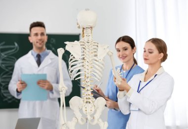 Tıp öğrencileri sınıfta insan iskeleti anatomisi okuyor.