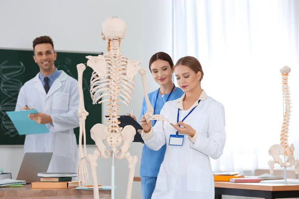Emberi Csontváz Anatómiát Tanuló Orvostanhallgatók Osztályteremben — Stock Fotó