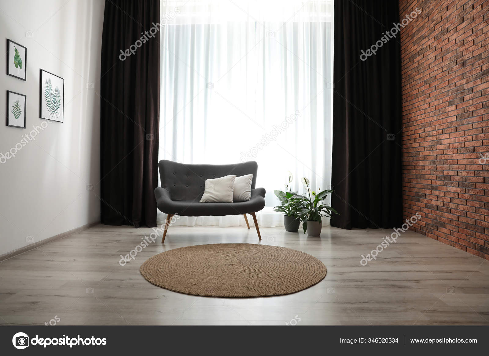 Comfortable Sofa Window Elegant Curtains Room Stock Photo