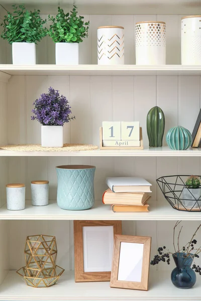 White Shelving Unit Plants Different Decorative Stuff — Stock Photo, Image