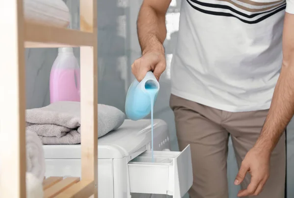 Man Pouring Detergent Washing Machine Drawer Bathroom Closeup Laundry Day — Stock Photo, Image