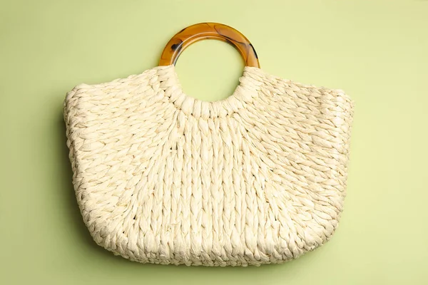 Stylish Knitted Woman Bag Light Green Background Top View — Stock Photo, Image