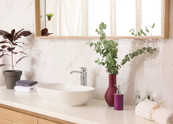 Élégant Intérieur Salle Bain Avec Comptoir Miroir Plantes Idée Design — Photo