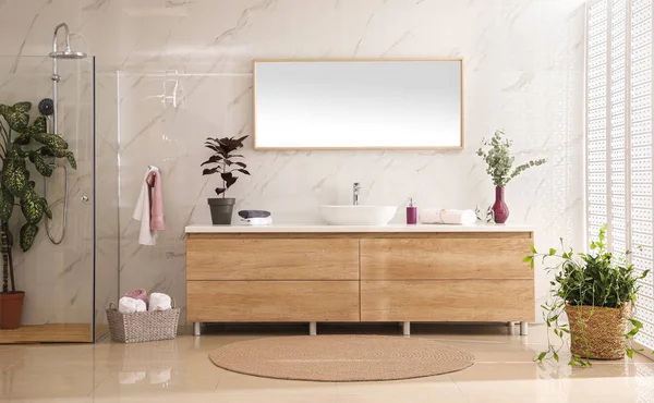 Stylish Bathroom Interior Countertop Shower Stall Houseplants Design Idea — 스톡 사진