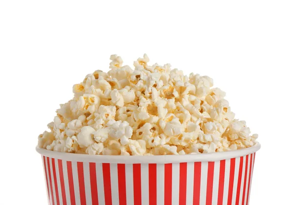 Heerlijke Popcorn Papieren Emmer Geïsoleerd Wit Close — Stockfoto