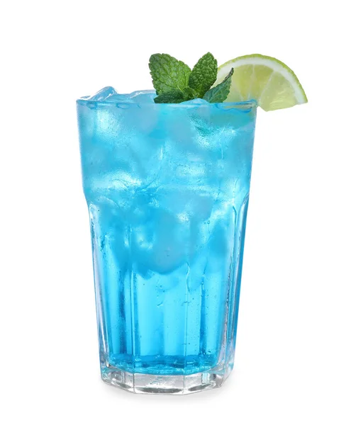 Färsk Alkoholhaltig Blue Lagoon Cocktail Isolerad Vitt — Stockfoto