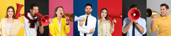 Collage Persone Con Megafoni Sfondi Colori Design Banner — Foto Stock