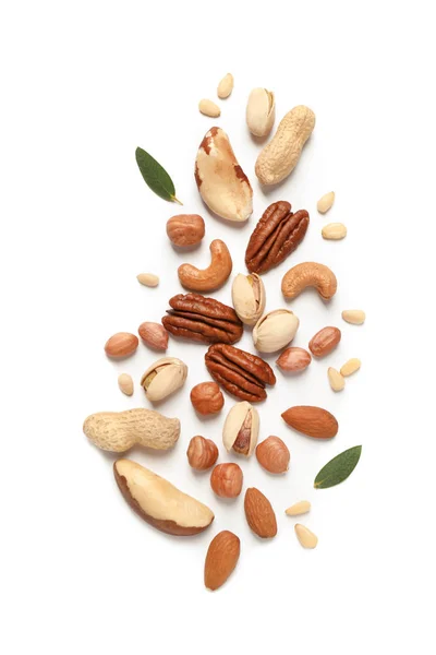 Different Delicious Nuts White Background Flat Lay — 스톡 사진