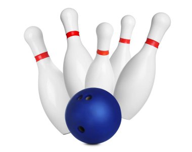 Bowling pimleri ve beyaz arka plan üzerinde topu