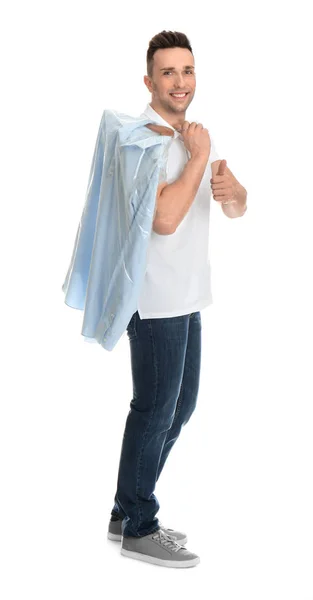 Man Holding Hanger Shirt Plastic Bag White Background Dry Cleaning — Stock Photo, Image