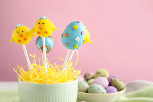 Closeup View Delicious Sweet Cake Pops Pink Background Space Text — Stock Photo, Image