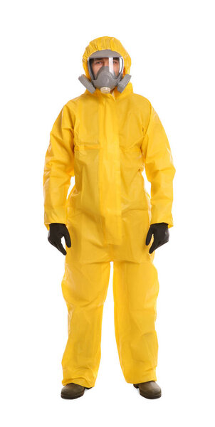 Man wearing chemical protective suit on white background. Virus research