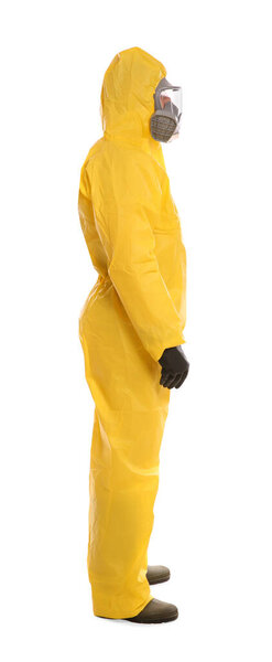 Man wearing chemical protective suit on white background. Virus research