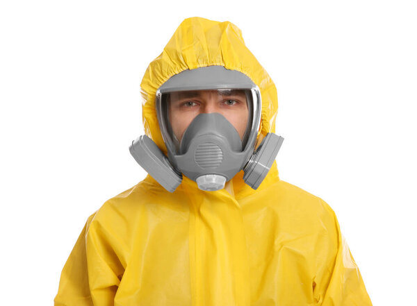 Man wearing chemical protective suit on white background. Virus research