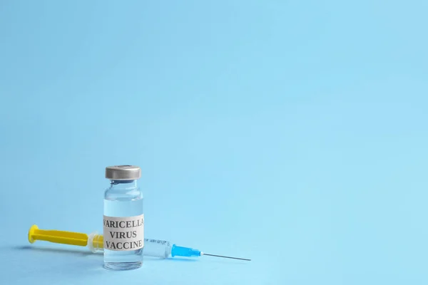 Chickenpox Vaccine Syringe Light Blue Background Space Text Varicella Virus — Stock Photo, Image