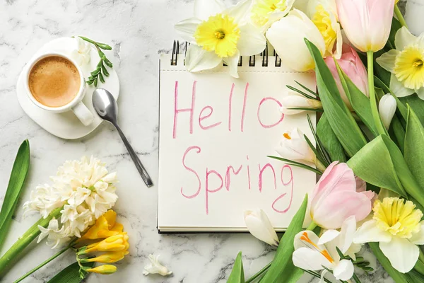 Notebook Words Hello Spring Cup Coffee Fresh Flowers White Marble — Stock Photo, Image