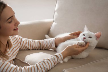 Young woman petting her beautiful white cat at home. Fluffy pet