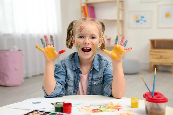 Cute Little Child Painting Palms Table — Stock Photo, Image