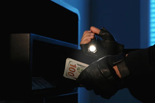 Thief Taking Money Out Steel Safe Indoors Night Closeup — Stock Photo, Image