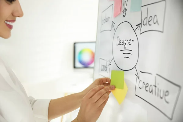 Designer Legt Notiz Auf Whiteboard Mit Diagramm Nahaufnahme — Stockfoto