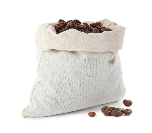 Baumwolle Öko Beutel Mit Kaffeebohnen Isoliert Auf Weiß — Stockfoto