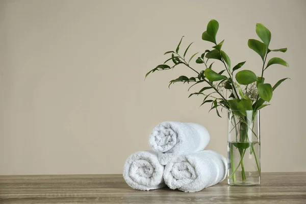 Clean Rolled Towels Vase Green Plants Wooden Table Space Text — Stock Photo, Image