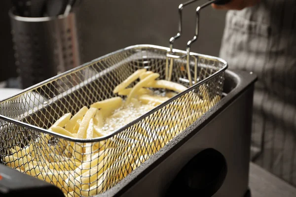 Cooking Delicious French Fries Hot Oil Closeup — Stock Photo, Image