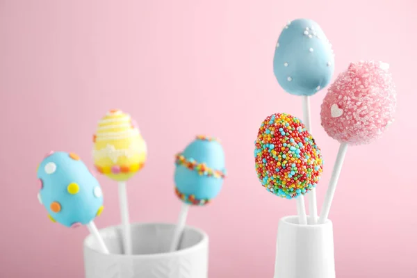 Delicious Sweet Cake Pops Light Pink Background Easter Holiday — Stock Photo, Image