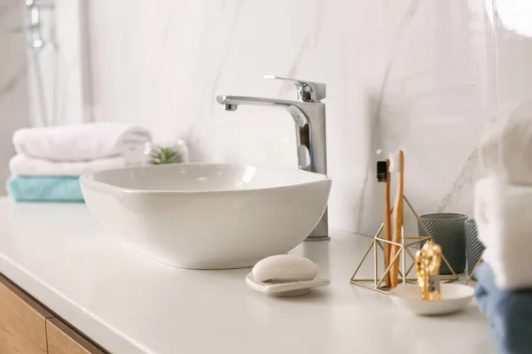 Stylish Vessel Sink Light Countertop Modern Bathroom — Stock Photo, Image