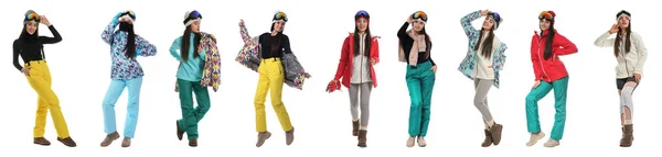 Collage Women Wearing Winter Sports Clothes White Background Banner Design — Stock Photo, Image