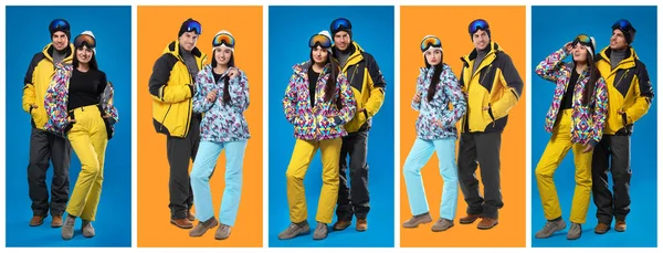 カラーを背景に冬のスポーツウェアを着たカップルのコラージュ — ストック写真