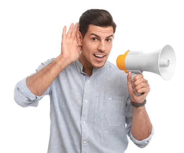 Bonito Homem Com Megafone Sobre Fundo Branco — Fotografia de Stock