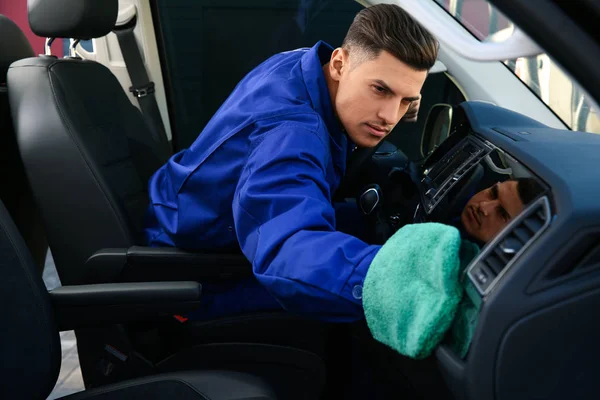 Car Wash Worker Cleaning Modern Automobile Interior — 스톡 사진