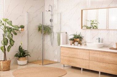 Stylish bathroom interior with countertop, shower stall and houseplants. Design idea