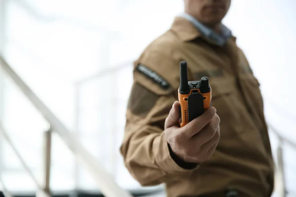 Professional Security Guard Portable Radio Set Indoors Closeup — Stock Photo, Image