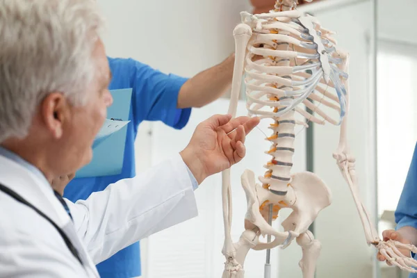 Professional Orthopedist Teaching Medical Students Clinic Closeup — Stockfoto