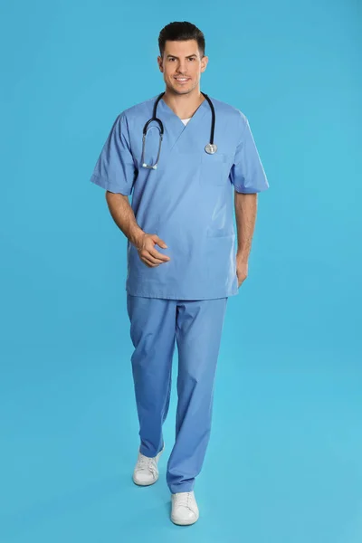 Handsome Doctor Uniform Walking Blue Background — Stockfoto