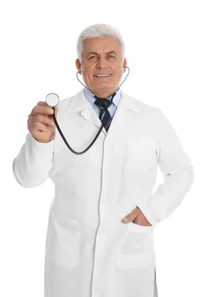 Senior Doctor Stethoscope White Background — Stock Photo, Image