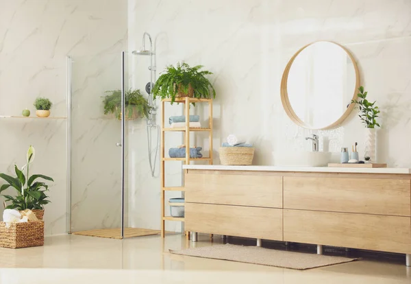 Stylish Bathroom Interior Countertop Shower Stall Houseplants Design Idea — 스톡 사진