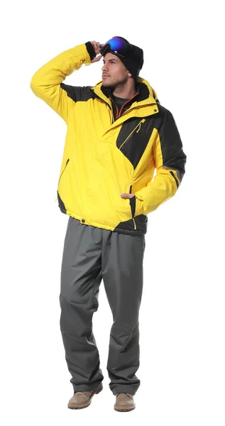 Man Met Stijlvolle Wintersportkleding Witte Achtergrond — Stockfoto