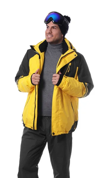 Man Met Stijlvolle Wintersportkleding Witte Achtergrond — Stockfoto