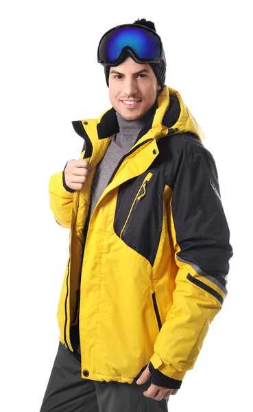 Man Met Stijlvolle Wintersportkleding Witte Achtergrond — Stockfoto