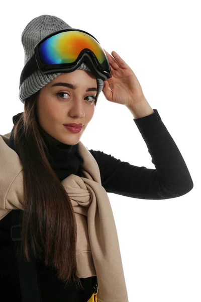 Frau Trägt Stylische Wintersportkleidung Auf Weißem Hintergrund — Stockfoto