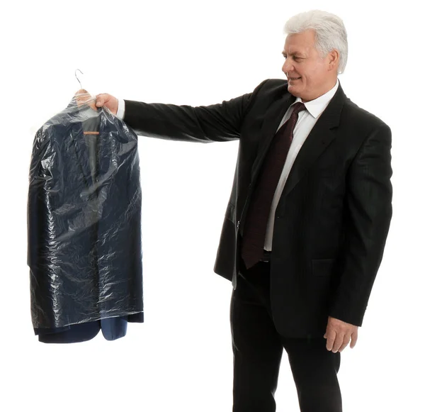 Senior Man Holding Hanger Jacket Plastic Bag White Background Dry — Stock Photo, Image